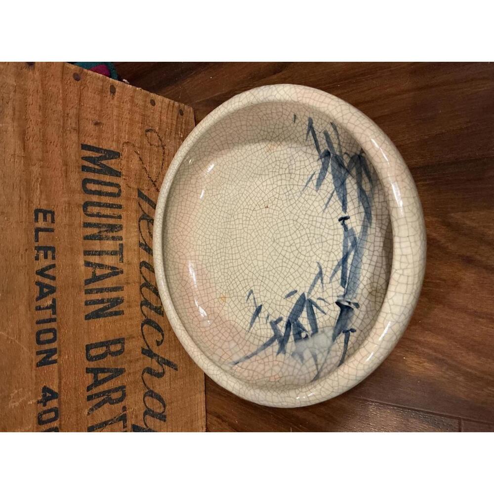 Vintage Ceramic Decorative Bowl with Crackle Glaze and Blue Brushstroke Design